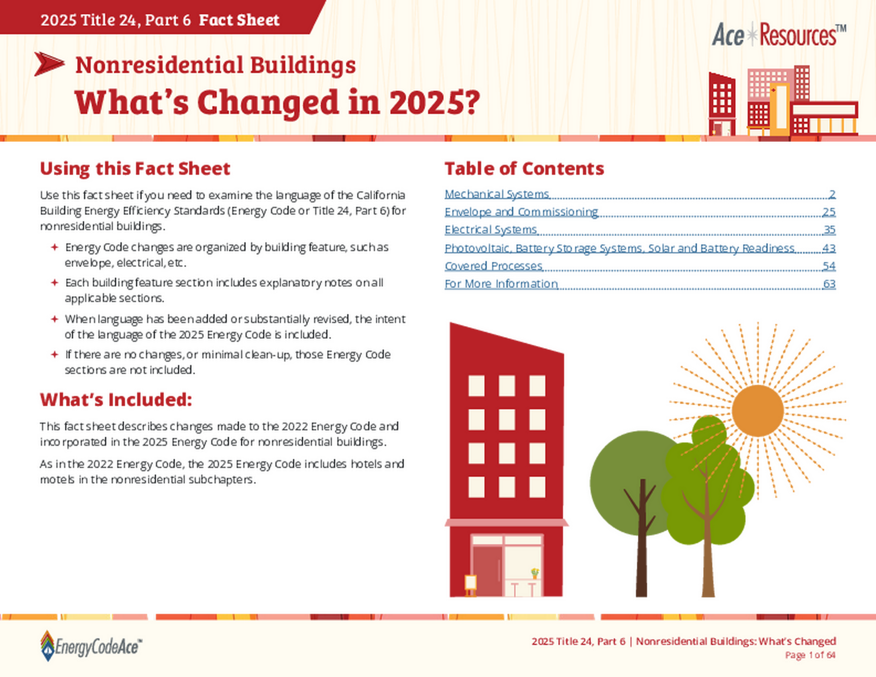 Use this fact sheet if you need to examine the language of the 2025 California Building Energy Efficiency Standards (Energy Code or Title 24, Part 6) for nonresidential residential buildings.